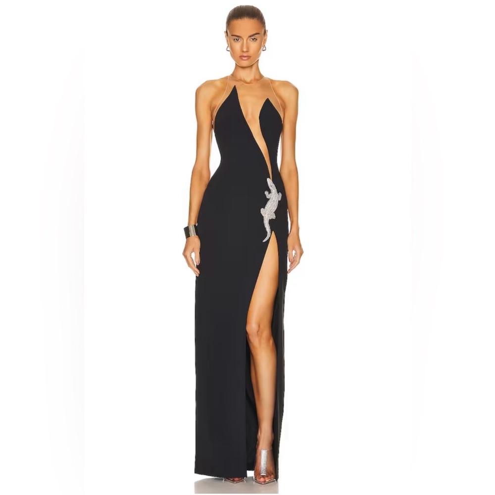 DAVID KOMA Crystal 3D Crocodile V Cut Gown